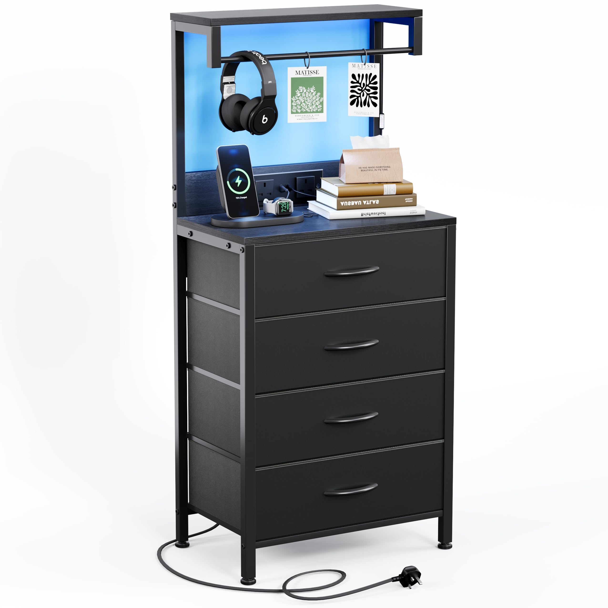 MUTUN Bedside Table with Charging Station, LED Light & 4 Drawers – Black