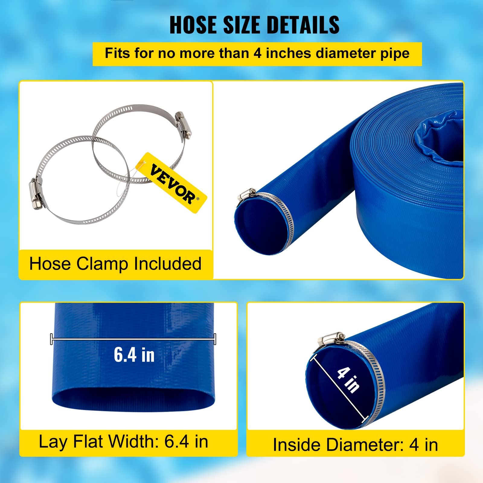VEVOR 4" PVC Lay Flat Discharge Hose – 105' Heavy Duty Backwash Drain