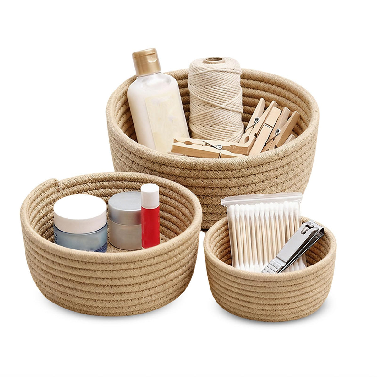 3 Pcs Small Woven Baskets, Cotton Rope Round Organizer for Shelves - image 1