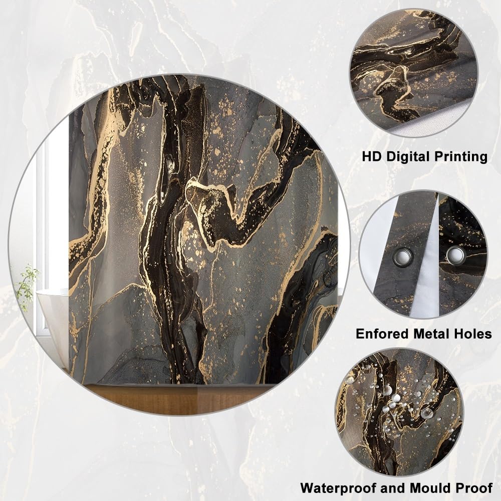 Uiiooazy Black Gold Shower Curtain, Stall Shower Curtain Abstract Marble Bath Curtain Mildew and Mould Resistant Waterproof Polyester Fabric Washable - image 4
