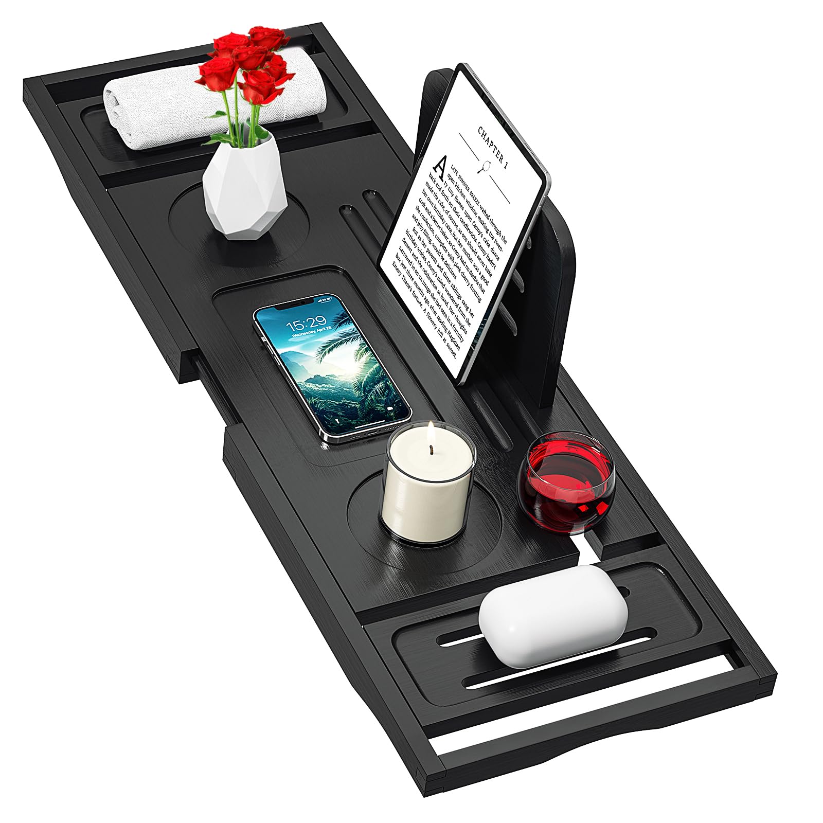 Banlilu Expandable Bamboo Bathtub Tray Caddy - Black Bath Organizer