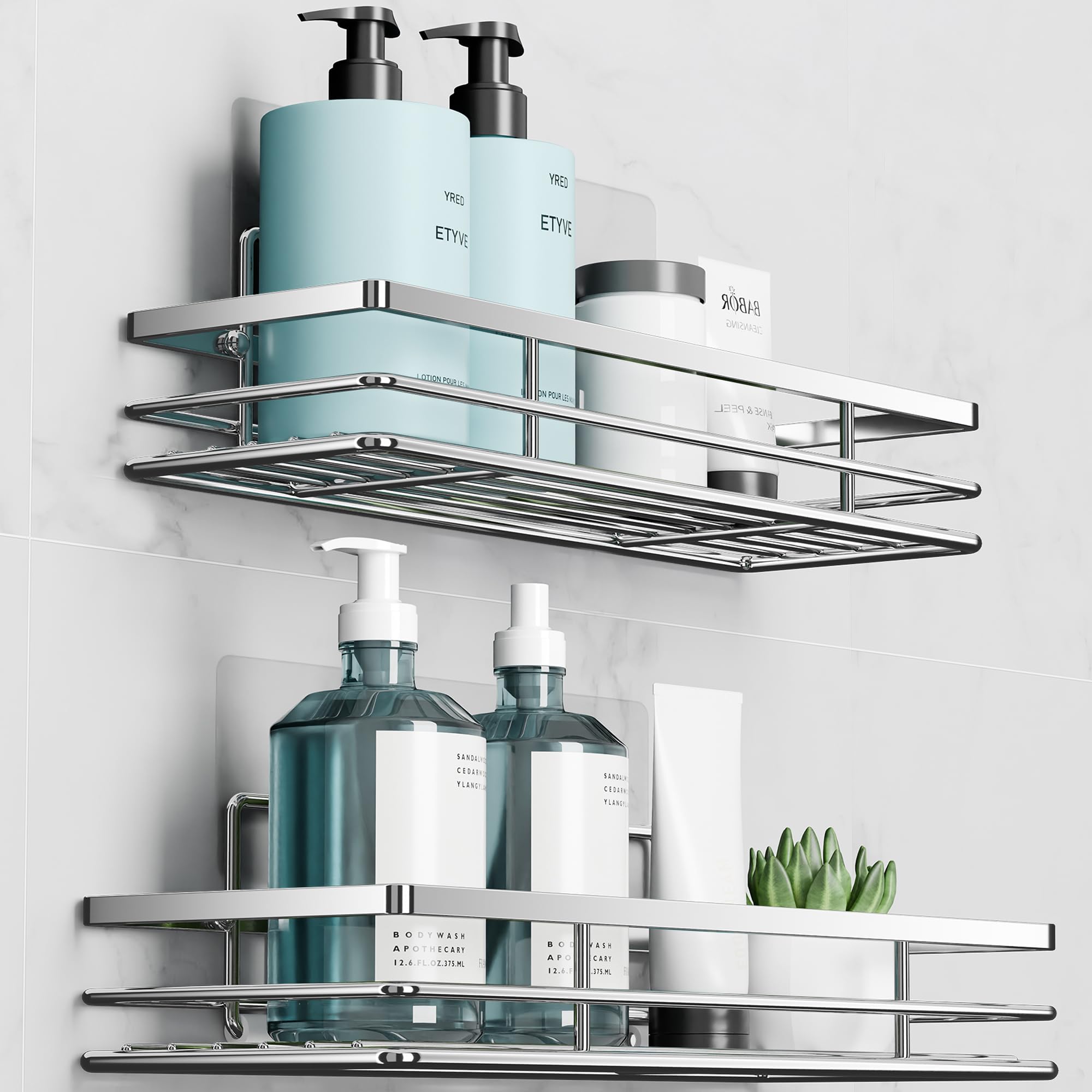 Saffruff Shower Caddy 2-Pack | Adhesive Bathroom Organiser - Silver
