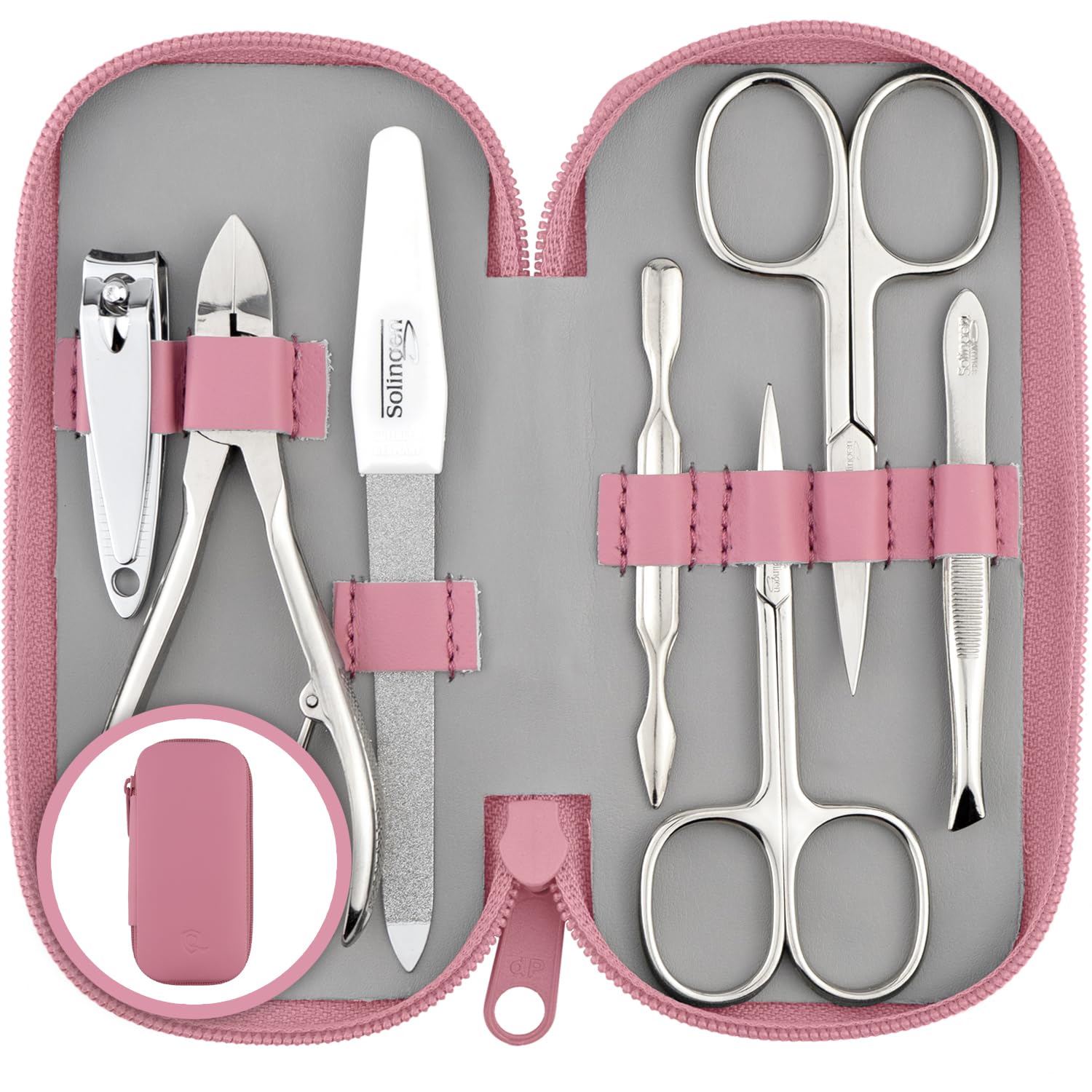 Solingen 7-Piece Manicure Set | Nappa Leather Case Pedicure Kit – Rose
