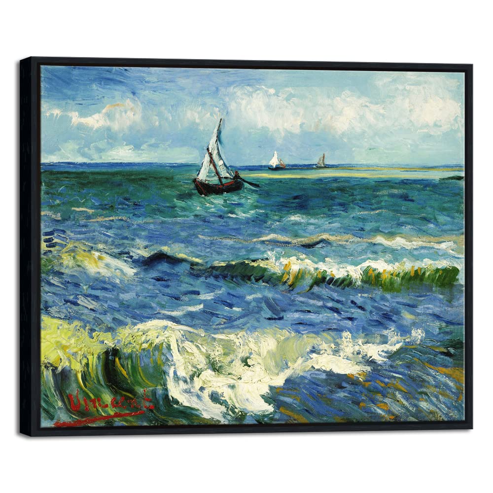 Wieco Art Van Gogh Seascape at Saintes Maries Framed Canvas Print