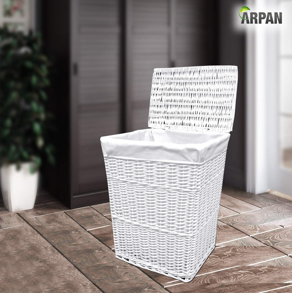 Arpan Large White Wicker Laundry Basket | 85L Hamper with Washable Liner