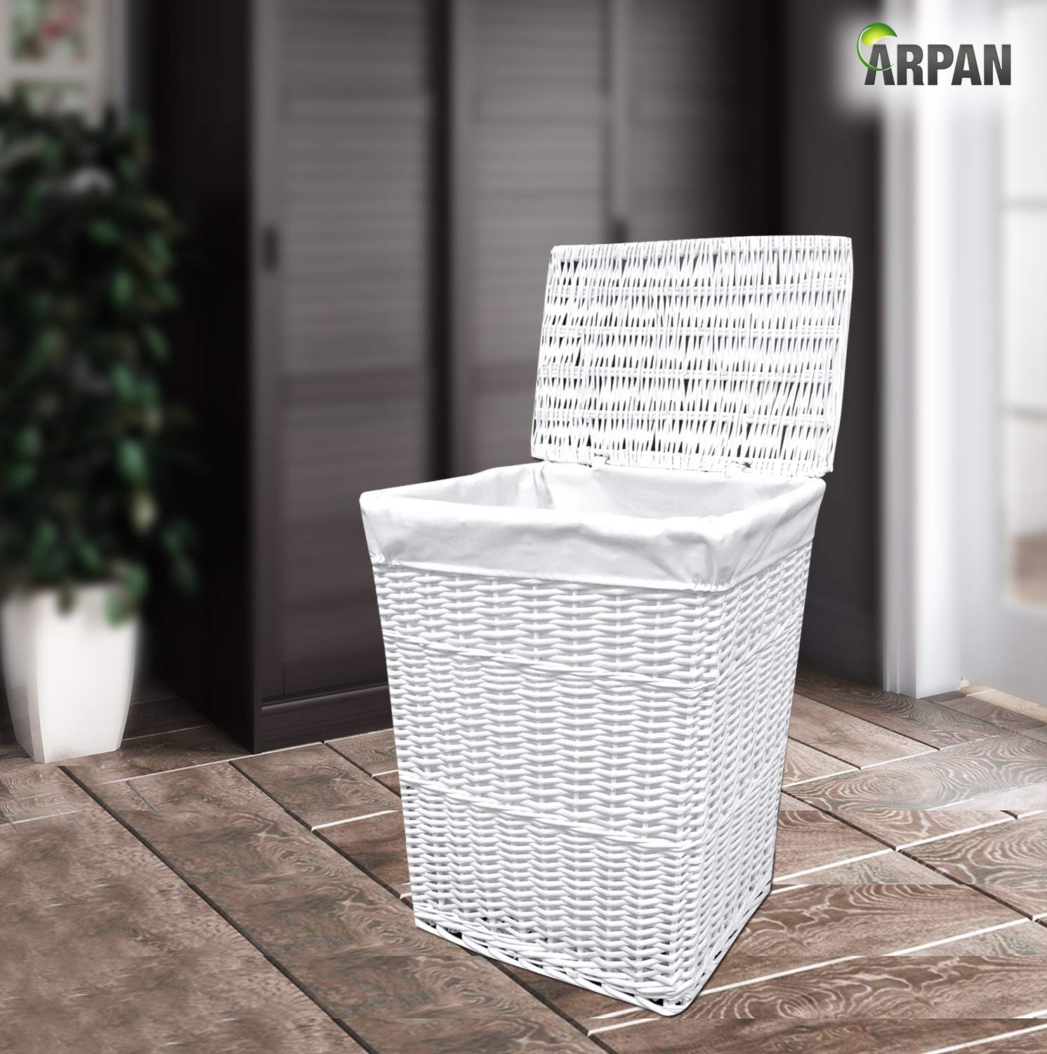 Arpan Large White Wicker Laundry Basket | 85L Hamper with Washable Liner