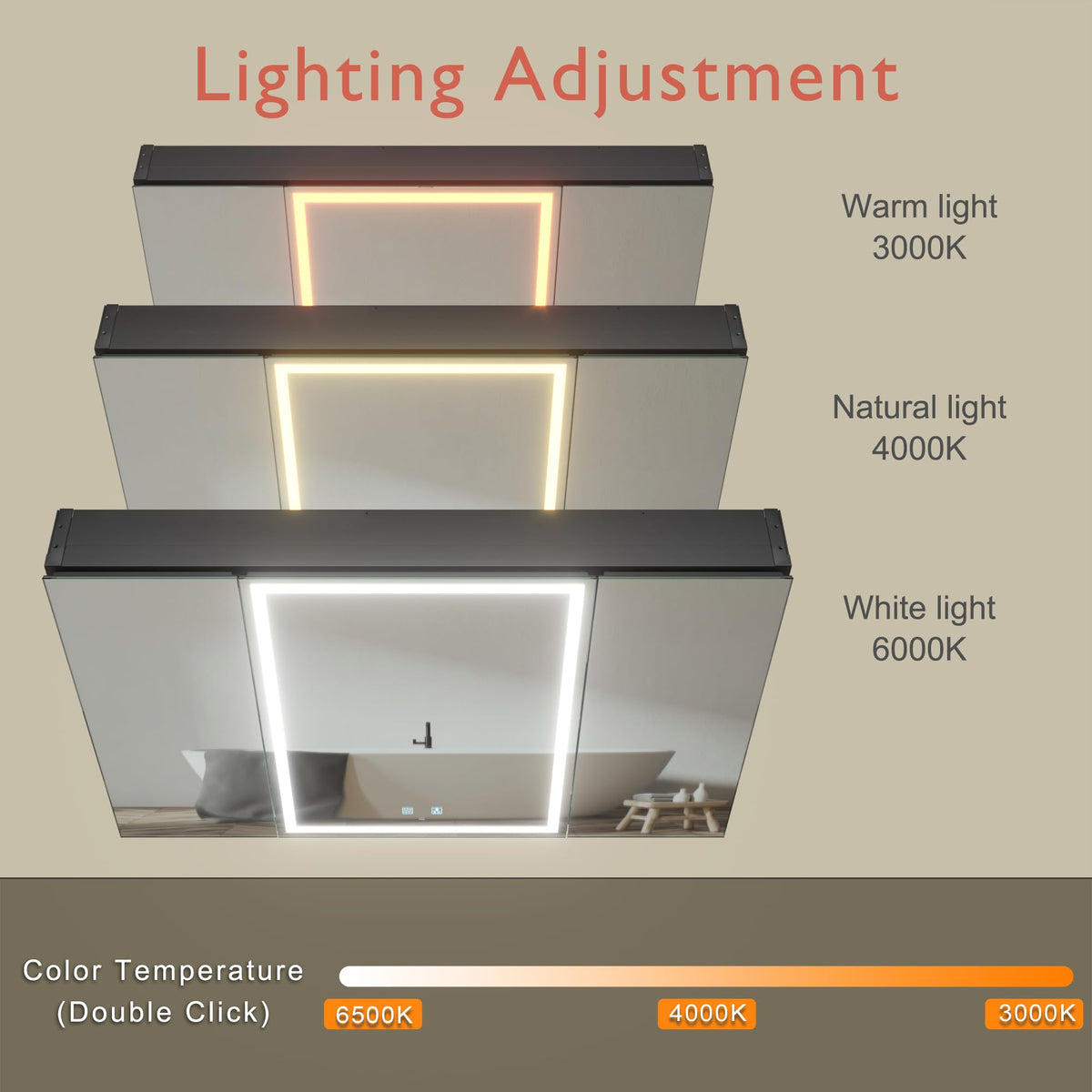100 x 70 cm Three Doors Aluminum LED Bathroom Medicine Cabinet with Mirror - image 2