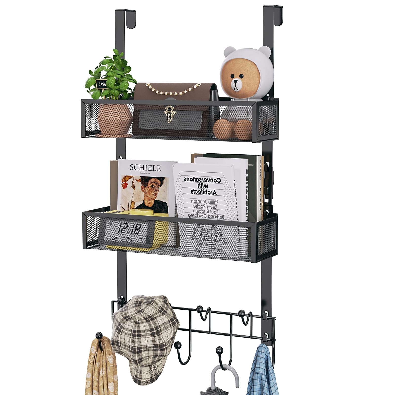 HapiRm Over Door Hanger with 9 Hooks & 2 Baskets - Black Stainless Steel