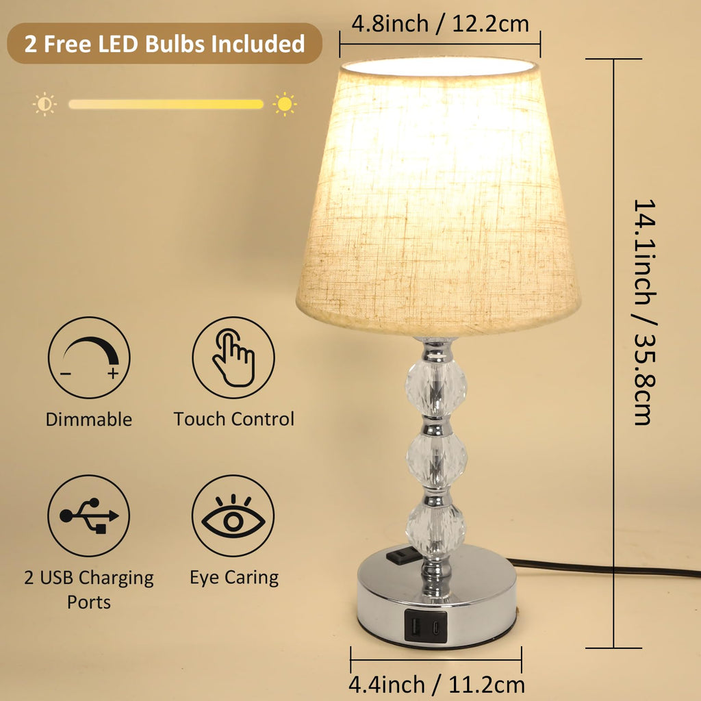 Euxper Crystal Bedside Table Lamps | 3-Way Dimmable Touch Control, Set of 2