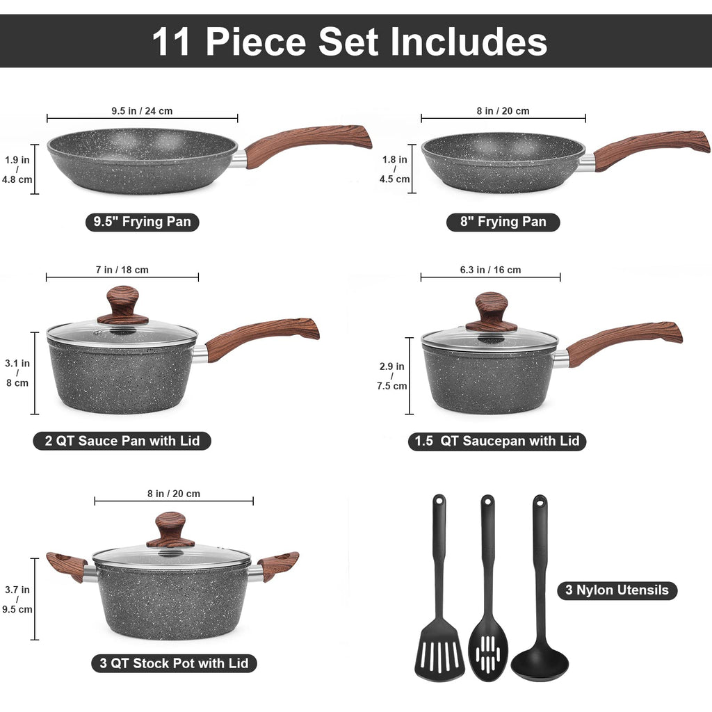 M MELENTA 11-Piece Non-Stick Granite Cookware Set | Induction Pan Set