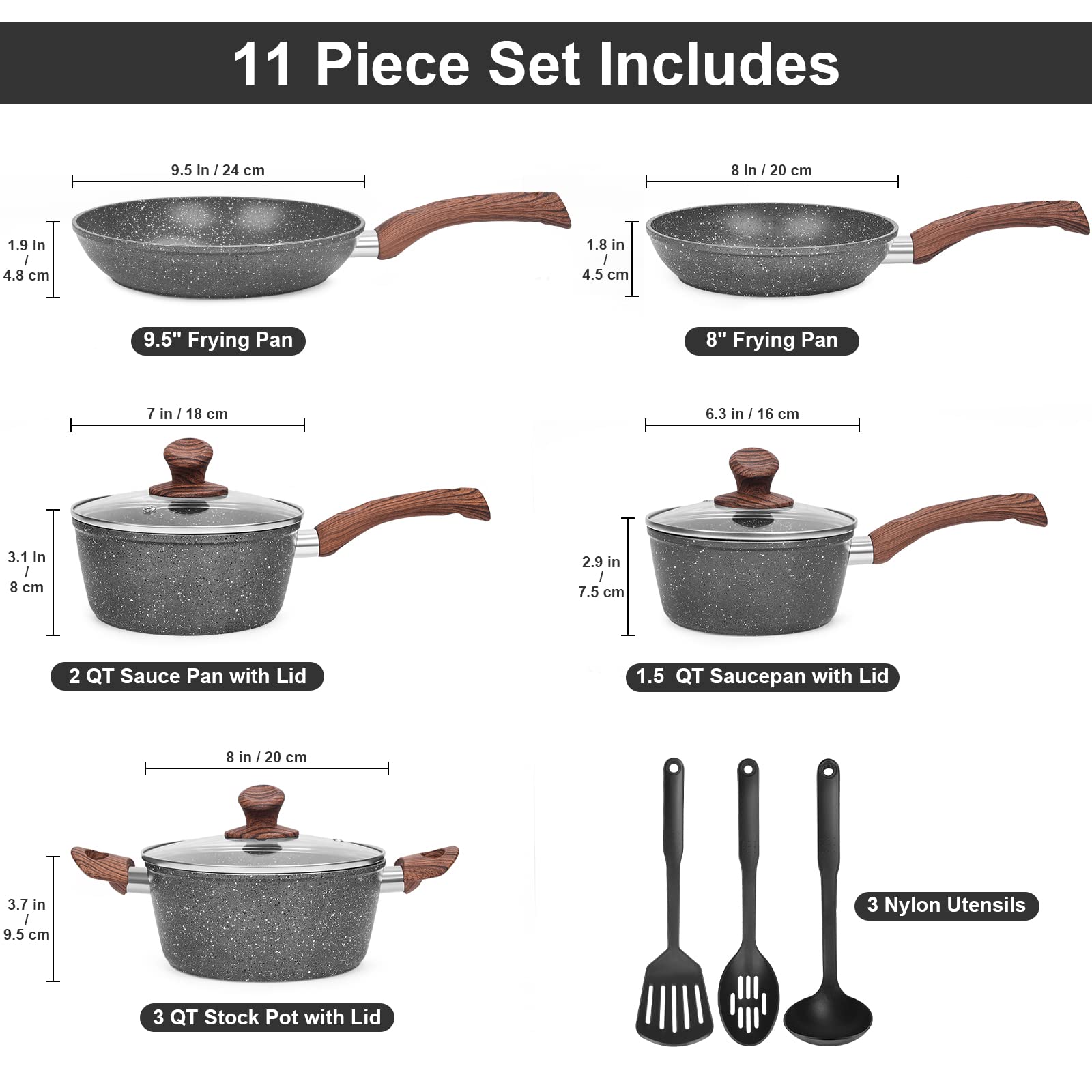 M MELENTA 11-Piece Non-Stick Granite Cookware Set | Induction Pan Set