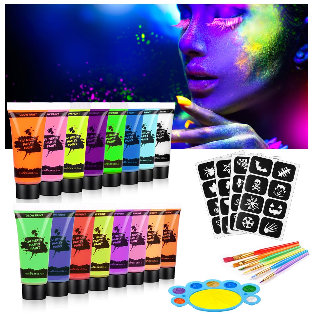 AOOWU 16 Color UV Glow Face Body Paint Set | Neon Blacklight Makeup Kit