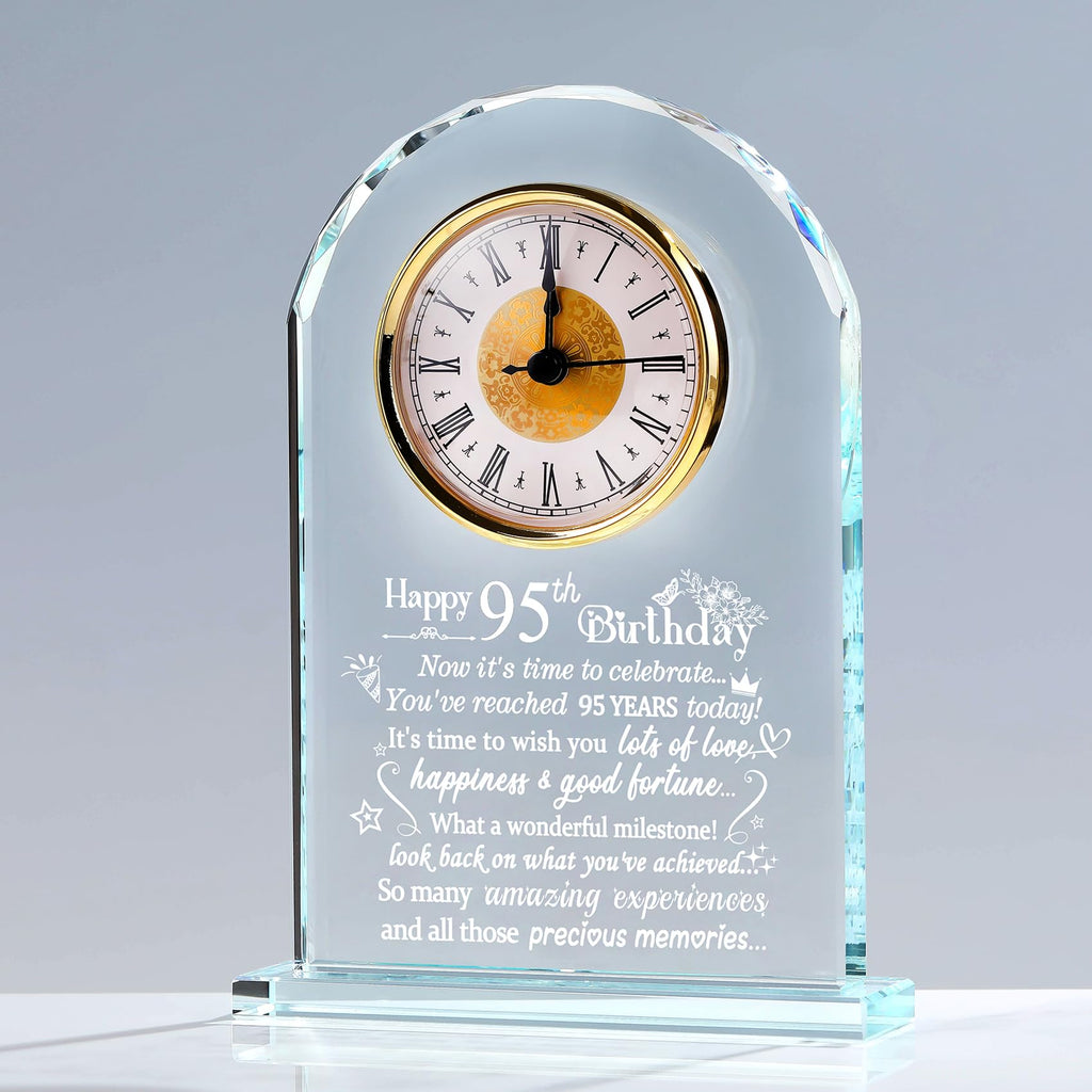 95th Birthday Crystal Clock – Glass Keepsake Milestone Gift
