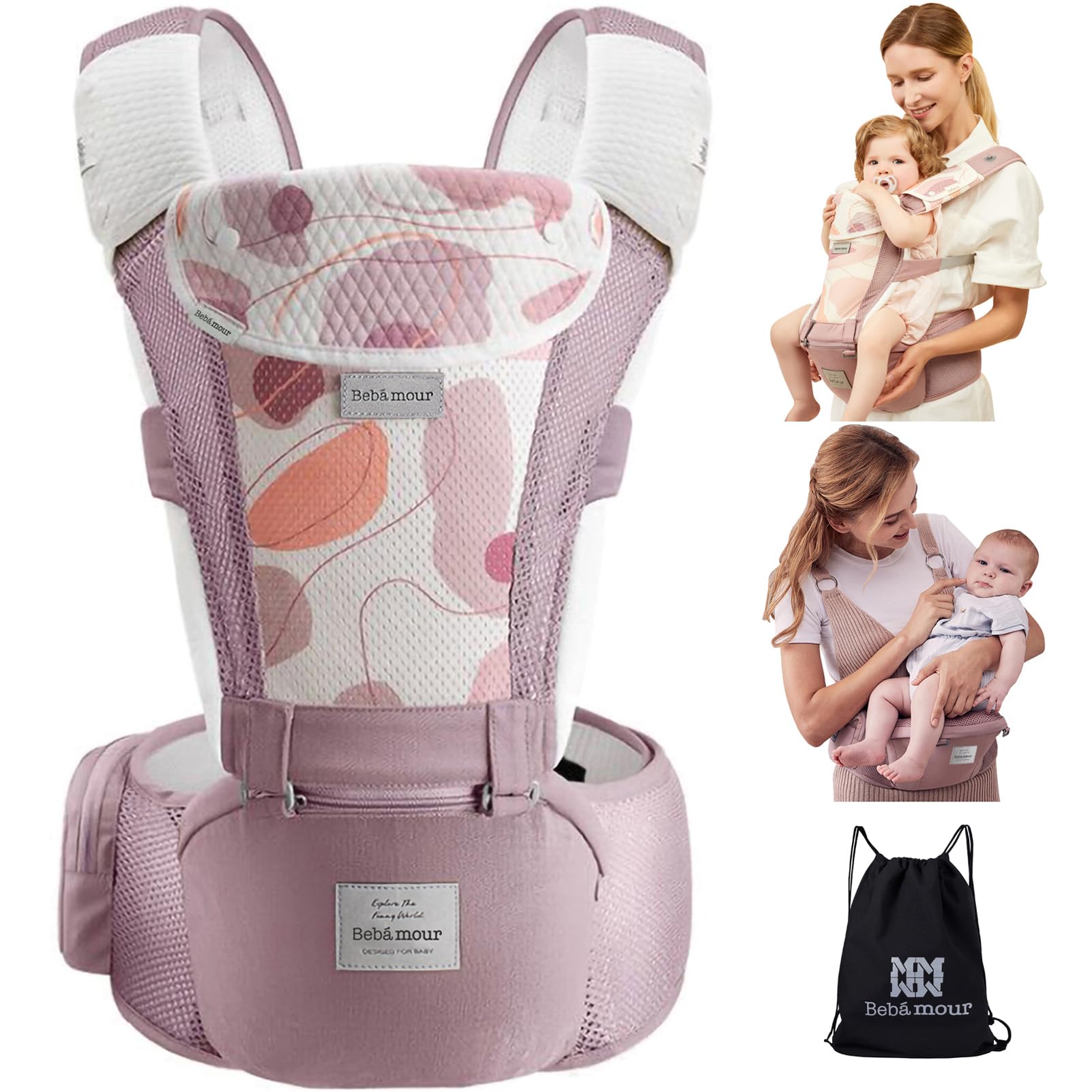 Bebamour Baby Carrier with Hipseat and Waist Extender, Pink | 0-36M