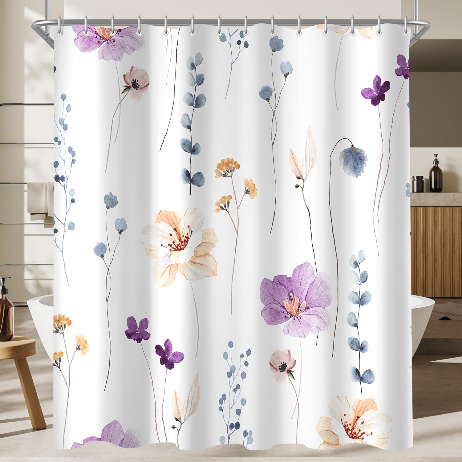 Lerores Purple Flower Shower Curtain – Anti-Mould Waterproof Polyester