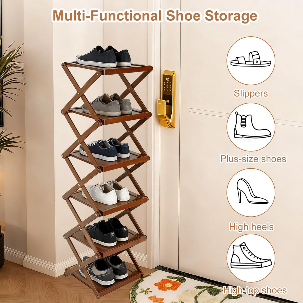 YYW Shoe Rack, Foldable Shoes Organizer Free Standing Shelf for Entryway, Closet, Hallway, Foldable X Shape Multi Tier Shoe Rack Brown,7 Layers - image 3