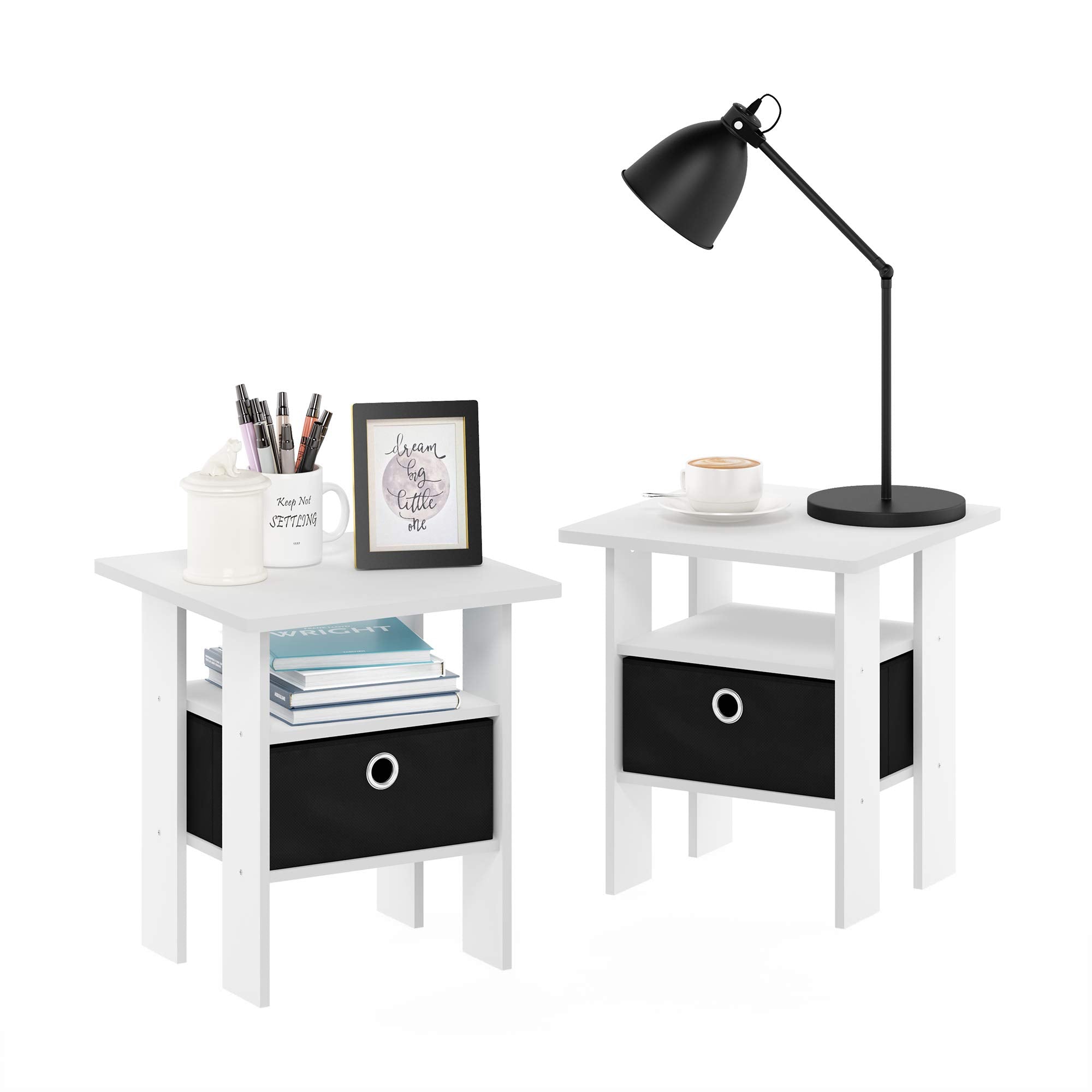 Furinno Andrey Side Table Set of 2 | Nightstand with Storage Bin, White