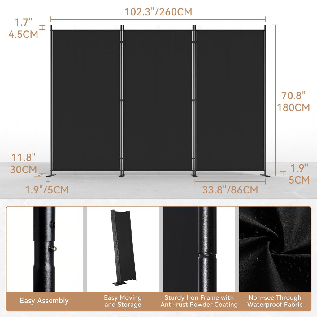 C-Hopetree 3-Panel Room Divider | 180cm Folding Privacy Screen – Black
