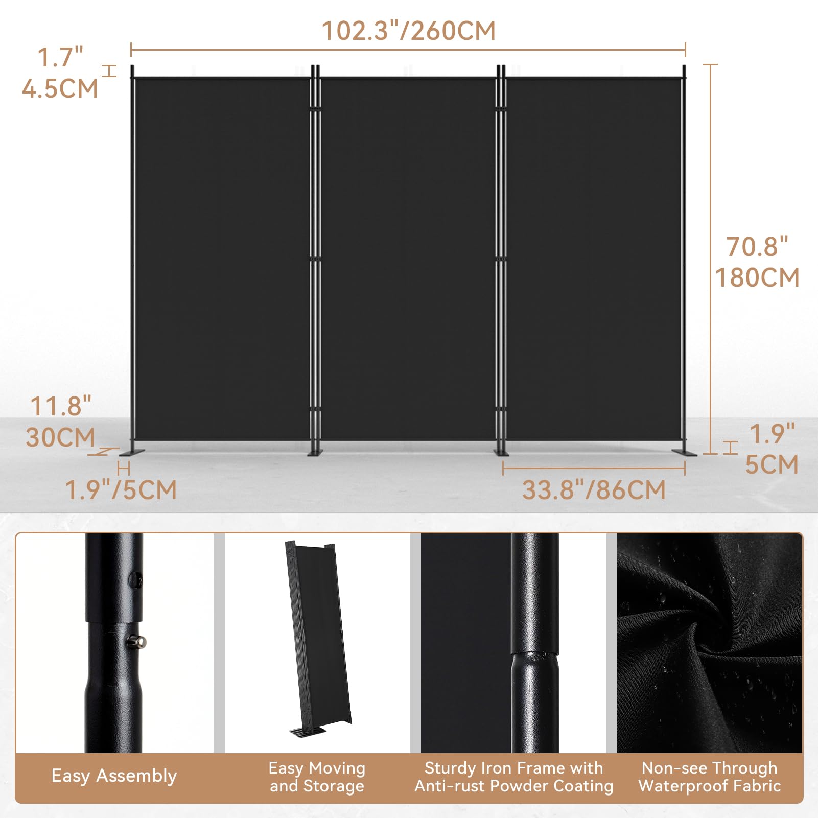 C-Hopetree 3-Panel Room Divider | 180cm Folding Privacy Screen – Black