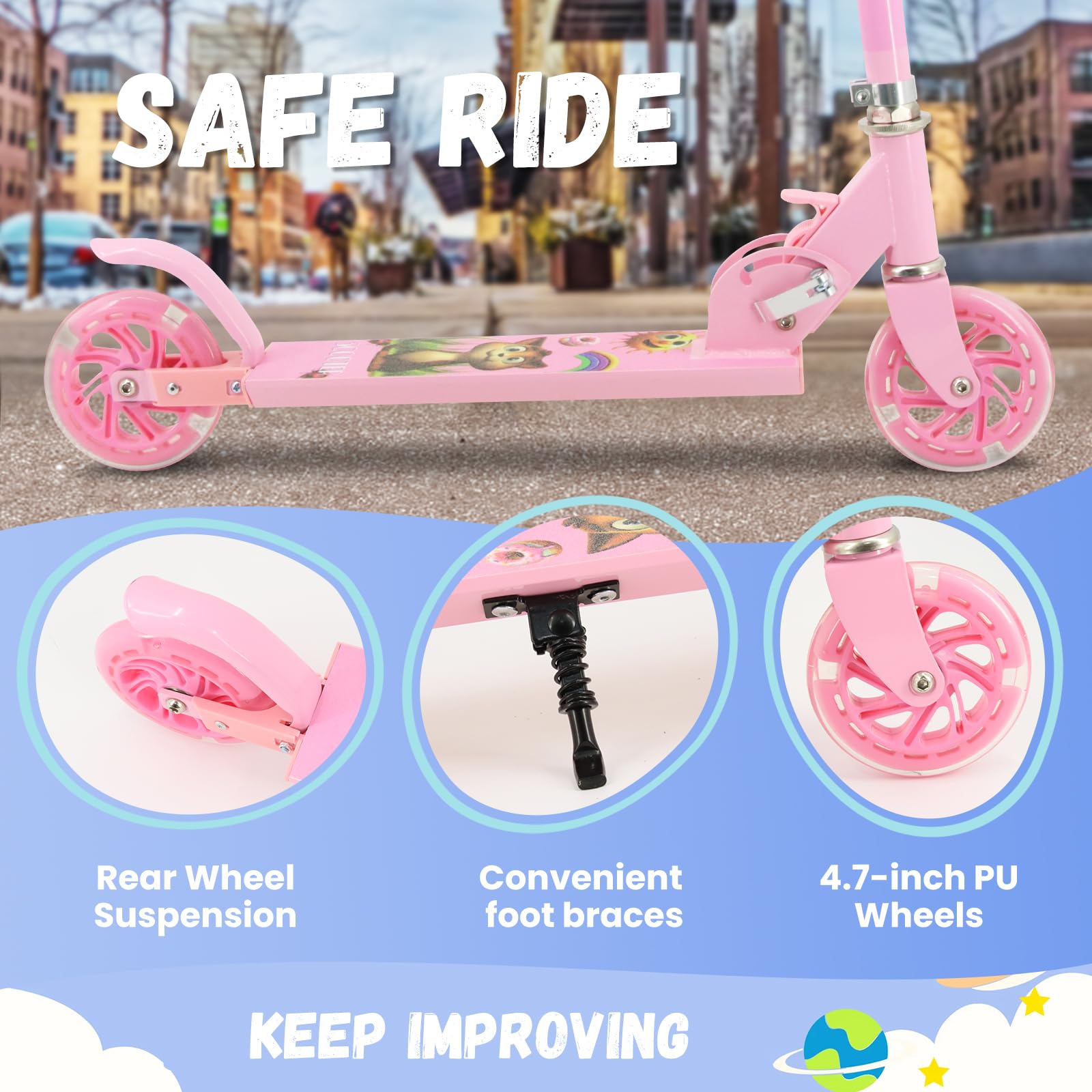 Tenboom Kids Kick Scooter – Pink Flame LED Wheels & Foldable Design