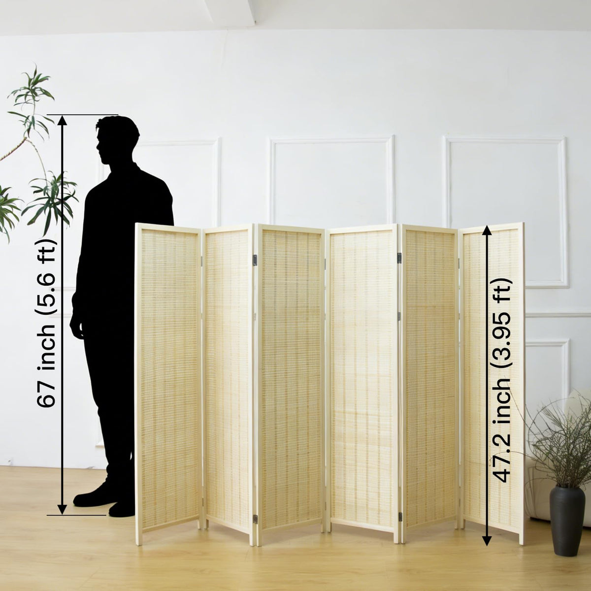 Furnnylane 6 Panel Bamboo Room Divider Short Folding Screen Divider,Double Sided Bamboo Panel Divider for Room Separation,Beige,120 cm H x 234 cm W - image 2