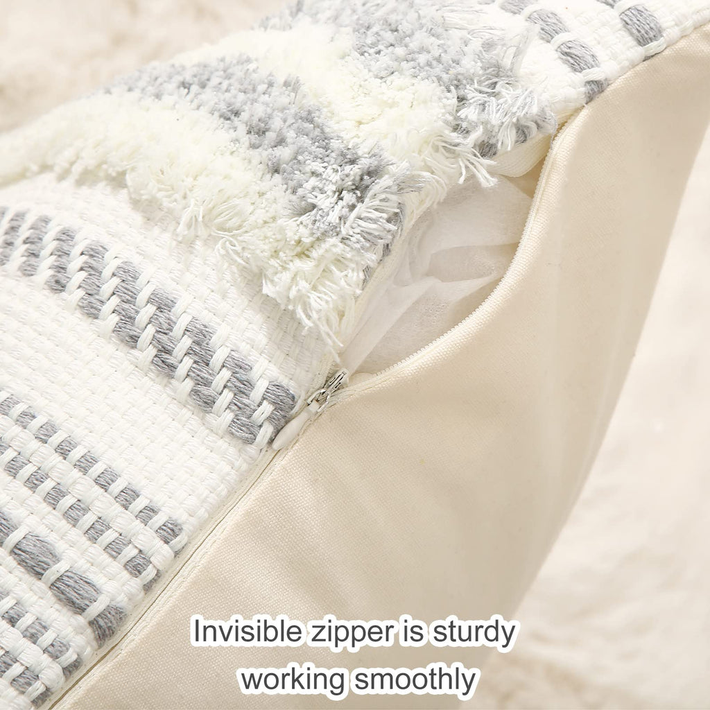 decorUhome Boho Grey Cushion Covers – Set of 2 Tufted Tassel Pillow Cases