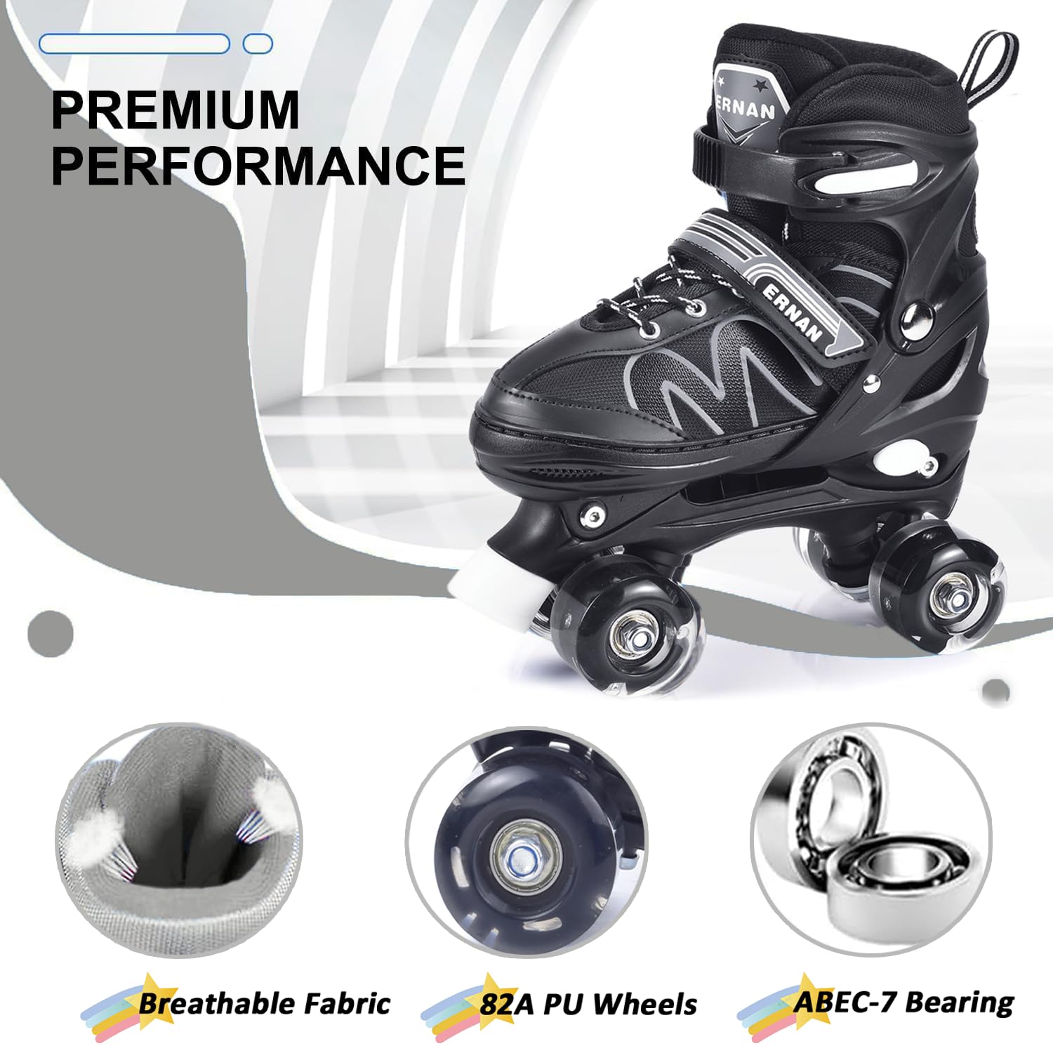 ERNAN Kids Adjustable Roller Skates | 8 Light Up Wheels - White, Small