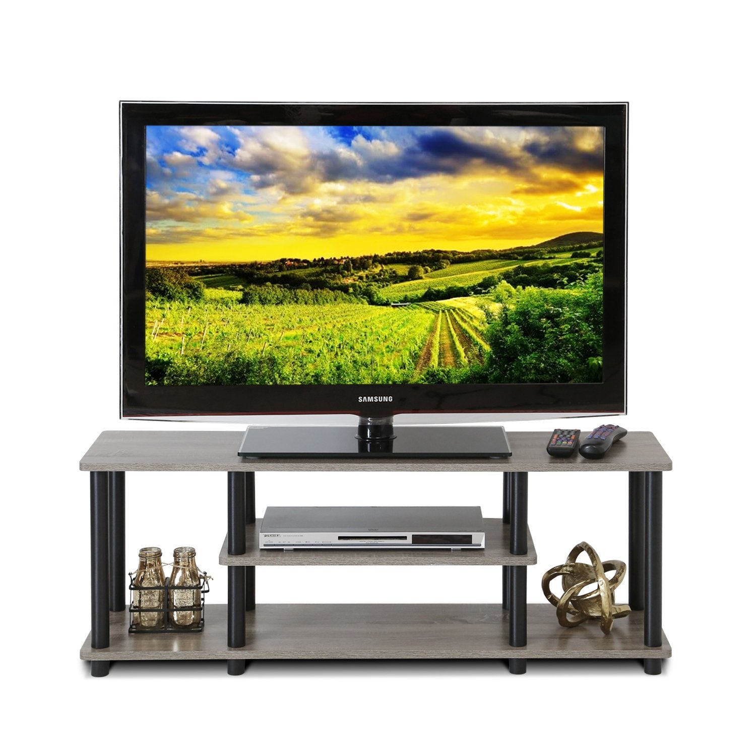 Furinno Turn-N-Tube 3-Tier TV Stand for 50-Inch TV, French Oak/Black