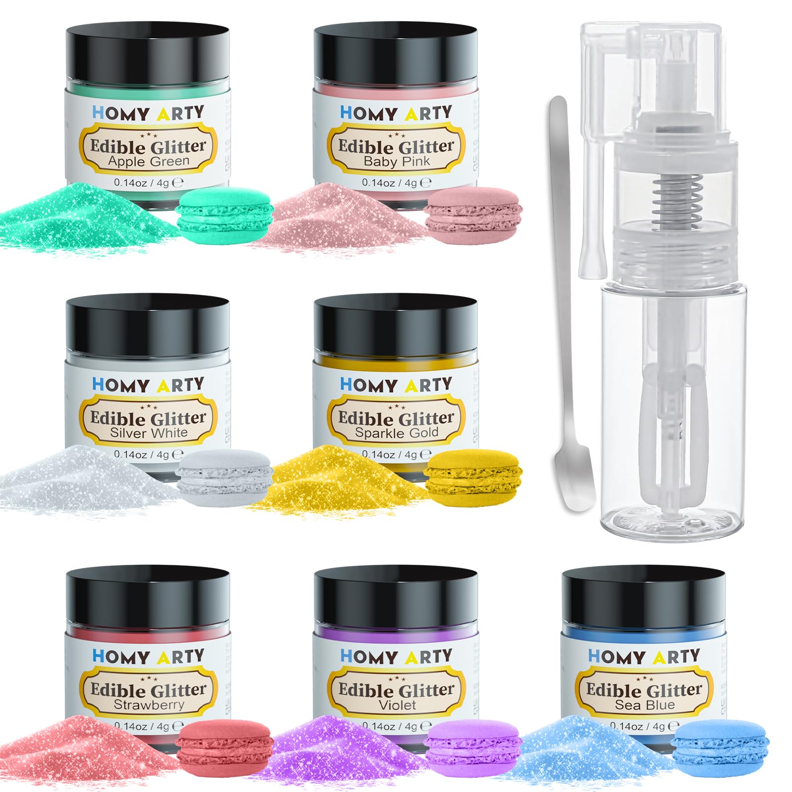 HOMY ARTY Edible Glitter Set | 7 Colors Luster Dust with Sprayer
