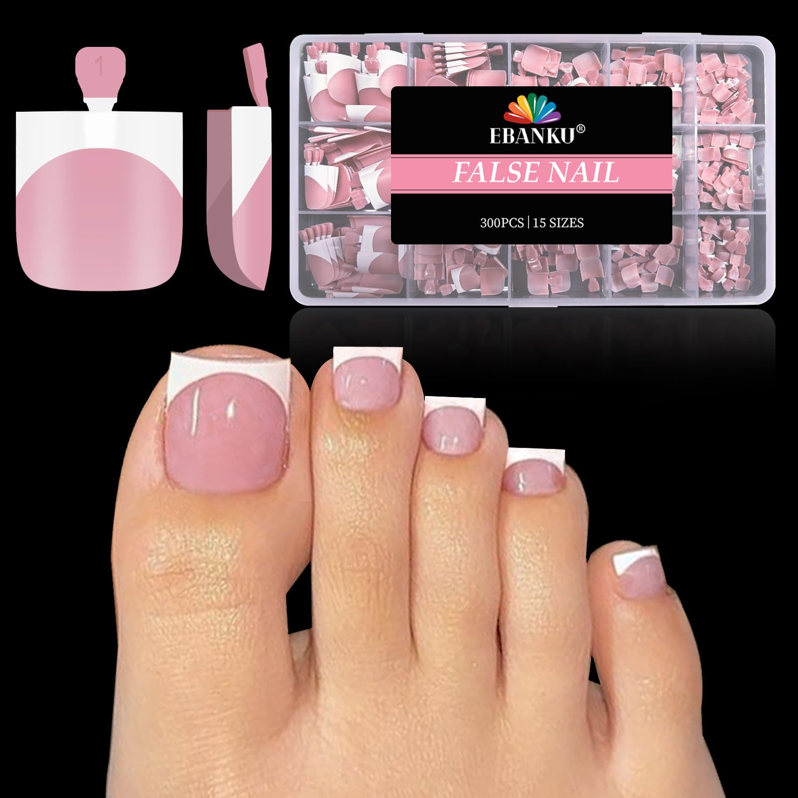 EBANKU 300PCS French Tip Press on Toenails - Pink Square Soft Gel Tips