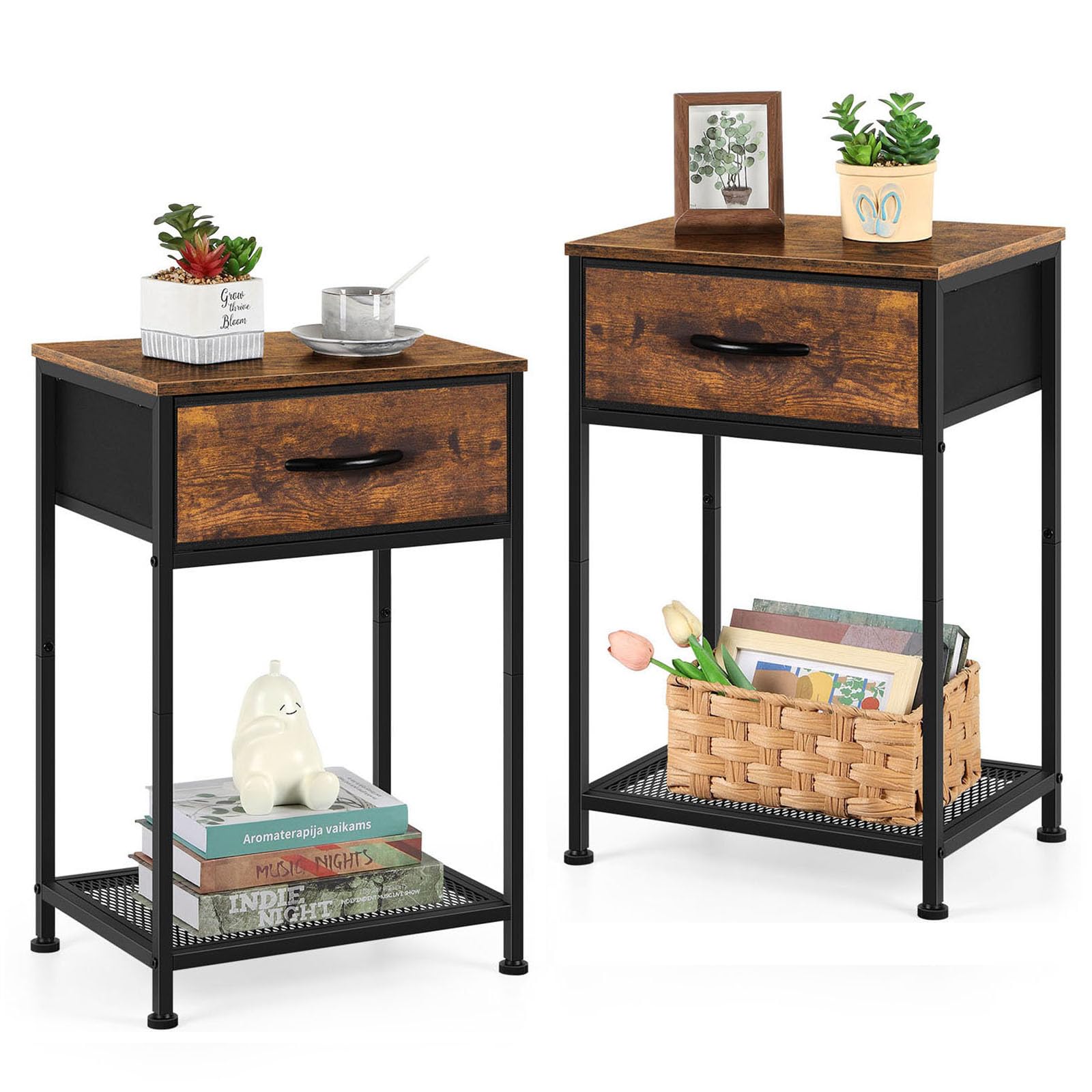 UOMIO Bedside Cabinets Set of 2 – Rustic Wood Nightstands with Drawers