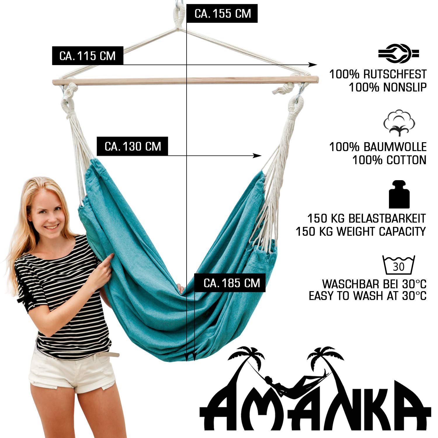 AMANKA XXL Hanging Chair – 185x130cm Cotton Swing with Spreader Bar, Blue