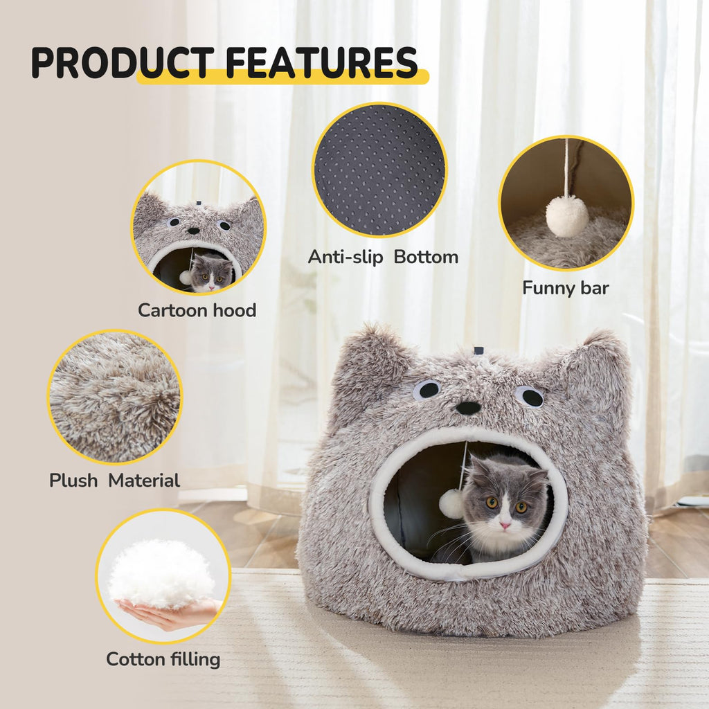 CATISM Cat Cave Bed – Washable Plush Monster Pet House for Cats, Coffee