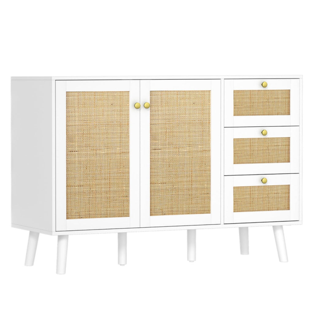 Skokliz Rattan Sideboard, Modern Storage Cabinet with 3 Drawers, Buffet Cabinet with 2 Doors and Adjustable Shelves