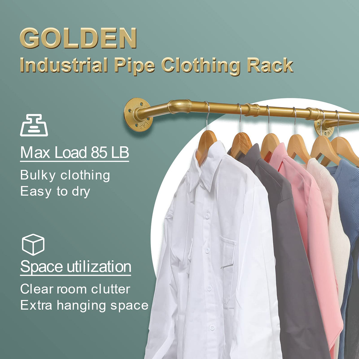 Ihomepark Industrial Pipe Gold Clothing Rack, 94 cm Wall Mounted Gold Iron Garment Clothes Bar, Heavy Duty Metal Hanging Rod for Retail Display - image 2