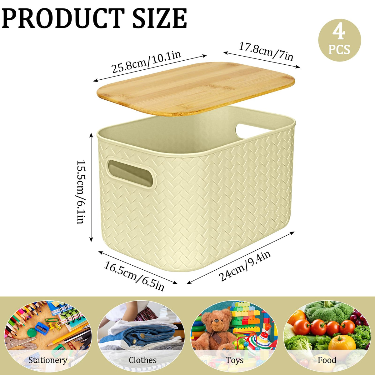 RWFMO 4 Pcs Plastic Beige Storage Baskets with Bamboo Lid for Bathroom - image 2