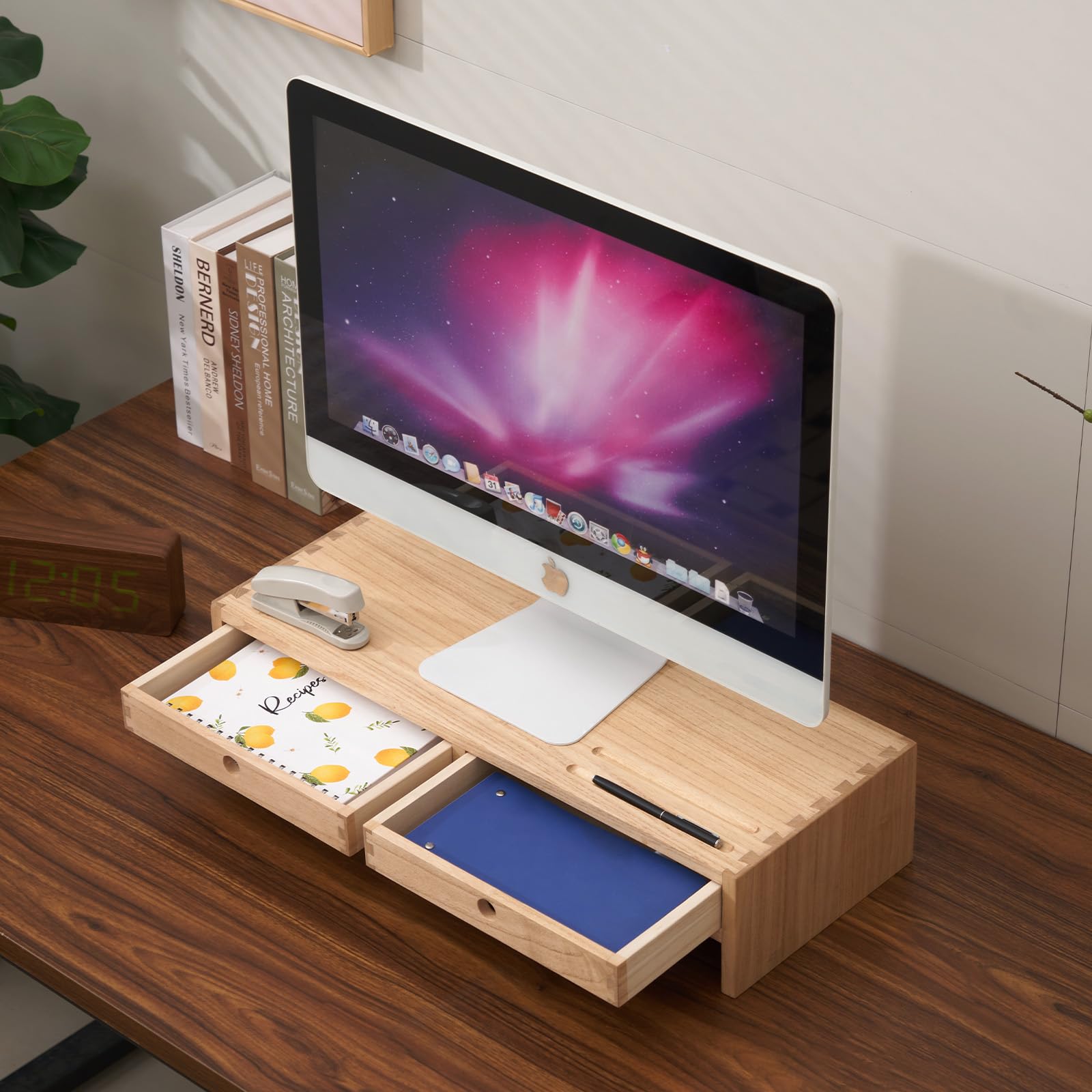 KIRIGEN Solid Wood Monitor Stand with 2 Drawers | Ergonomic Desk Riser
