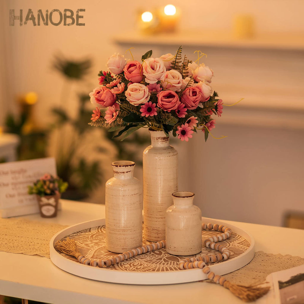 Hanobe 18" Round Wood Ottoman Tray – Rustic Floral Coffee Table Decor