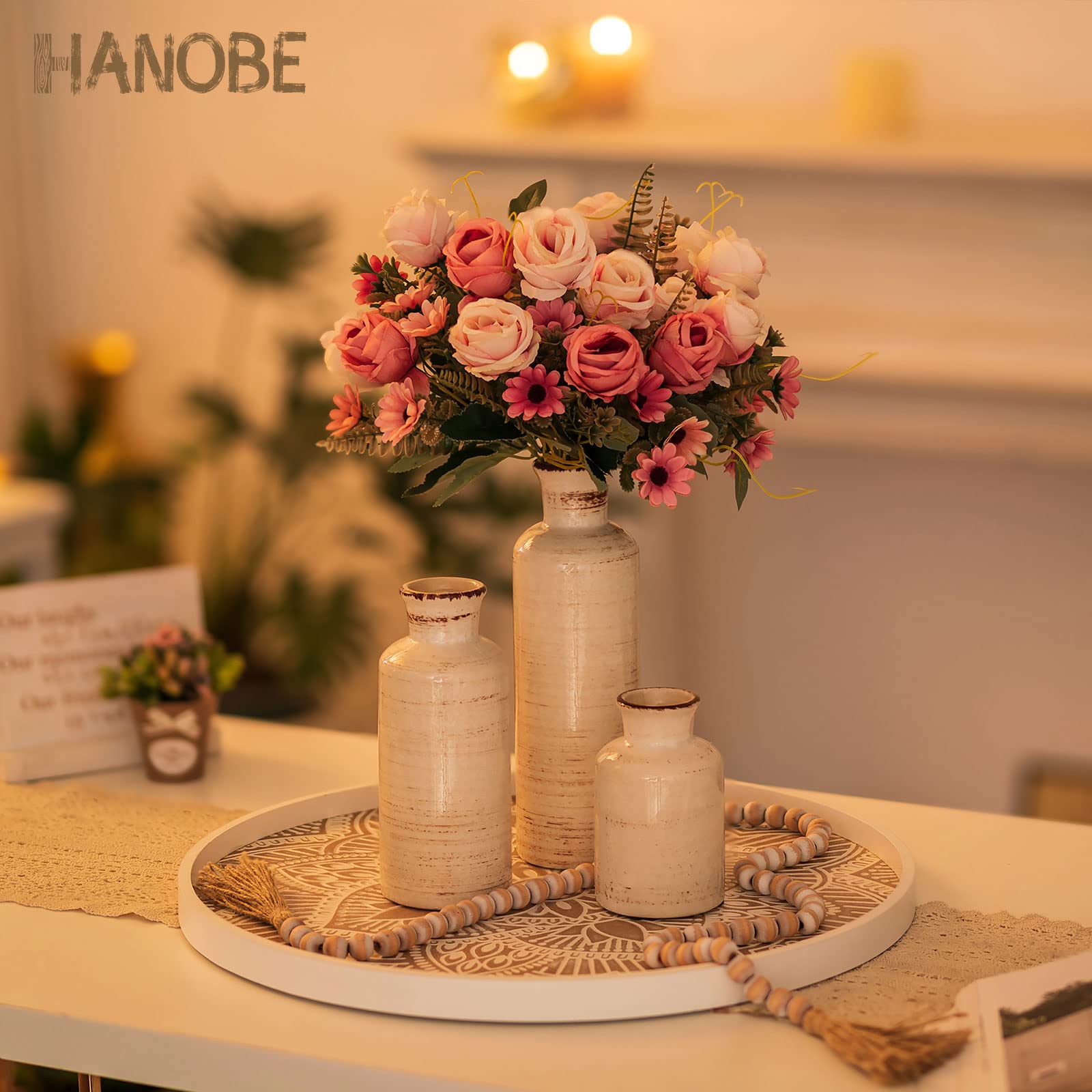 Hanobe 18" Round Wood Ottoman Tray – Rustic Floral Coffee Table Decor