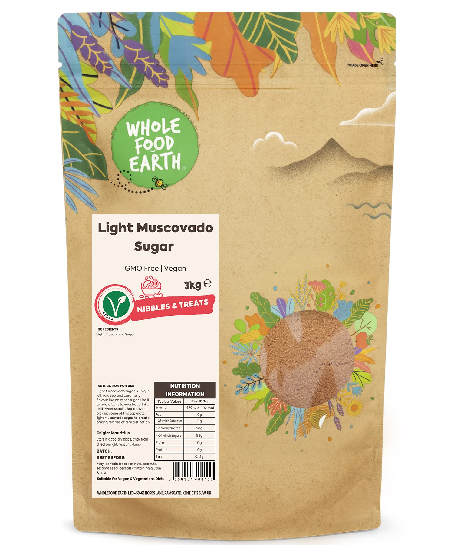 Wholefood Earth Light Muscovado Sugar – 3kg Unrefined Vegan Sweetener