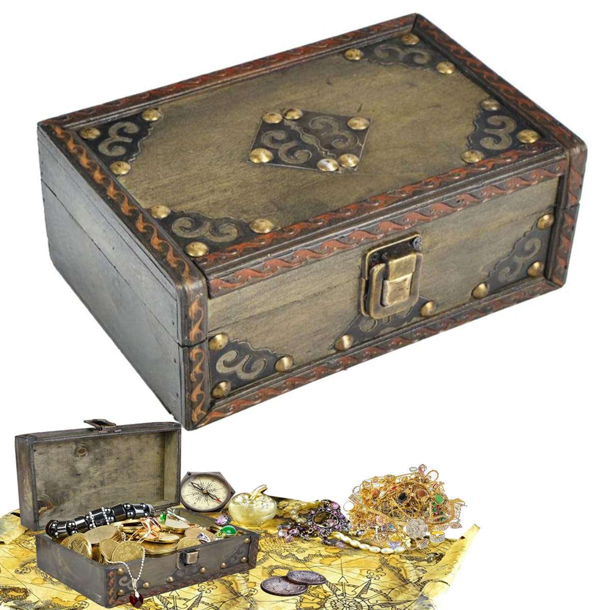 Vintage Wooden Treasure Box – Lockable Antique Jewelry Chest