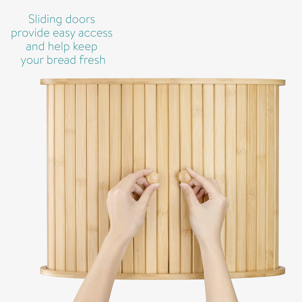 Navaris Bamboo Corner Bread Bin – Wooden Kitchen Storage with Sliding Doors