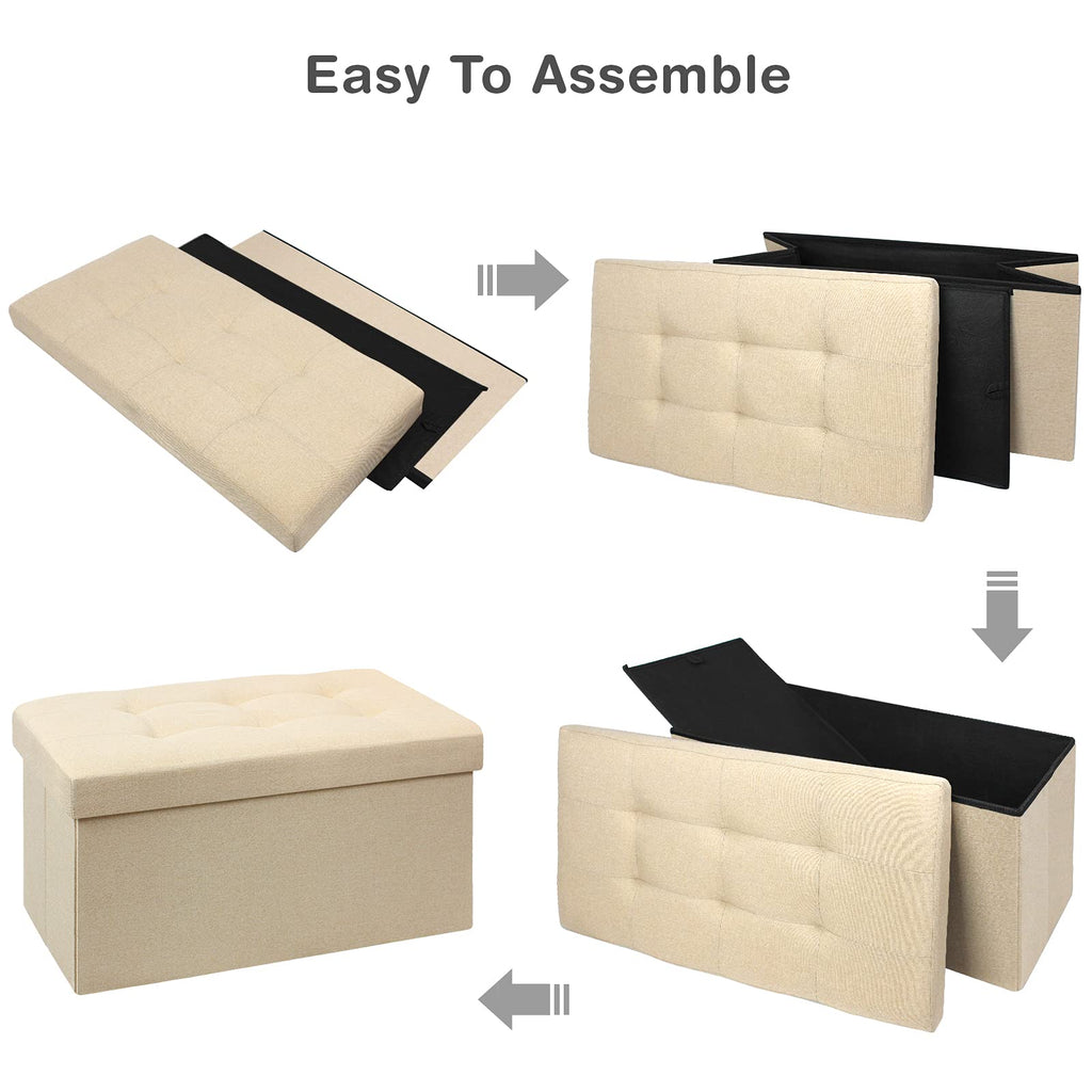 BRIAN & DANY Folding Storage Ottoman | Beige Linen Footstool Bench