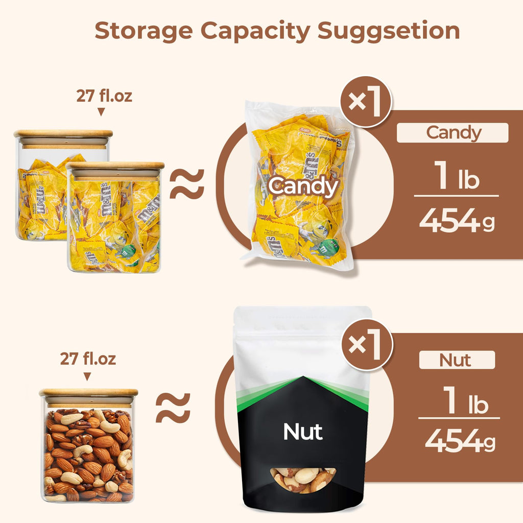 27oz Glass Food Storage Jars with Airtight Bamboo Lids - Set of 6