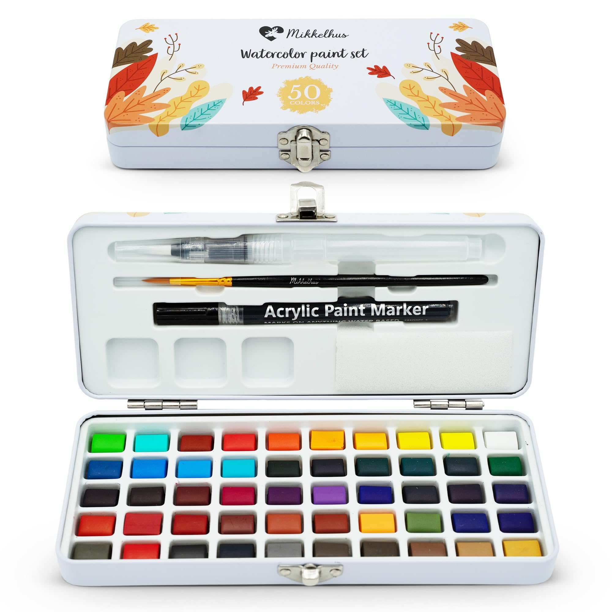 Mikkelhus Watercolour Paint Set | 50 Colours in Metal Box with Brushes