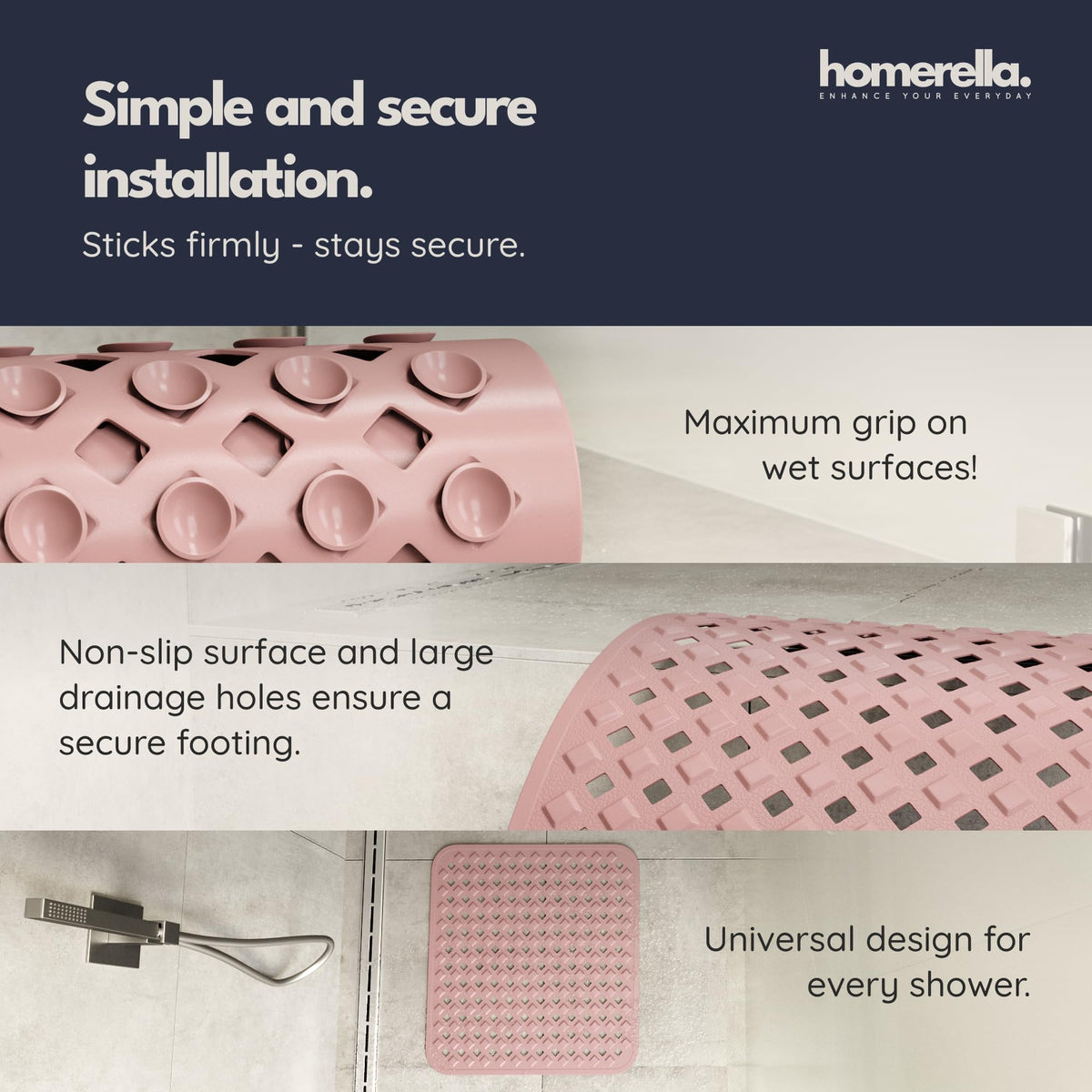 homerella Shower Mat Non Slip Anti Mould 53x53cm, Incl. Hooks for Drying - image 4