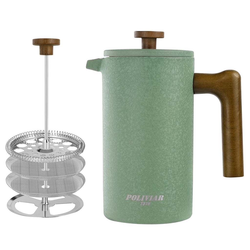 Poliviar French Press Coffee Maker - 1L Insulated Stainless Steel Cafetiere