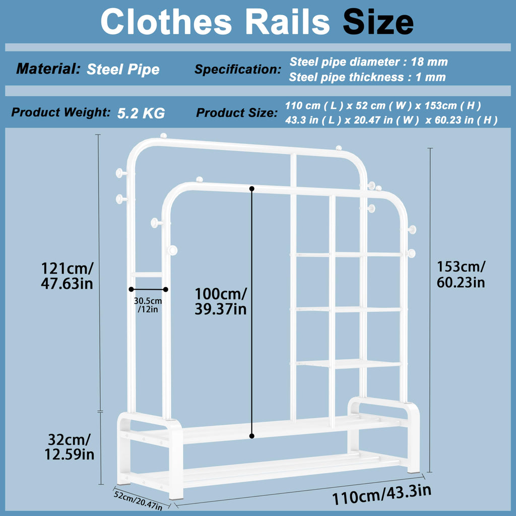 SMILOVII Heavy Duty Double Rail Clothes Rack – Metal Wardrobe with Shelves