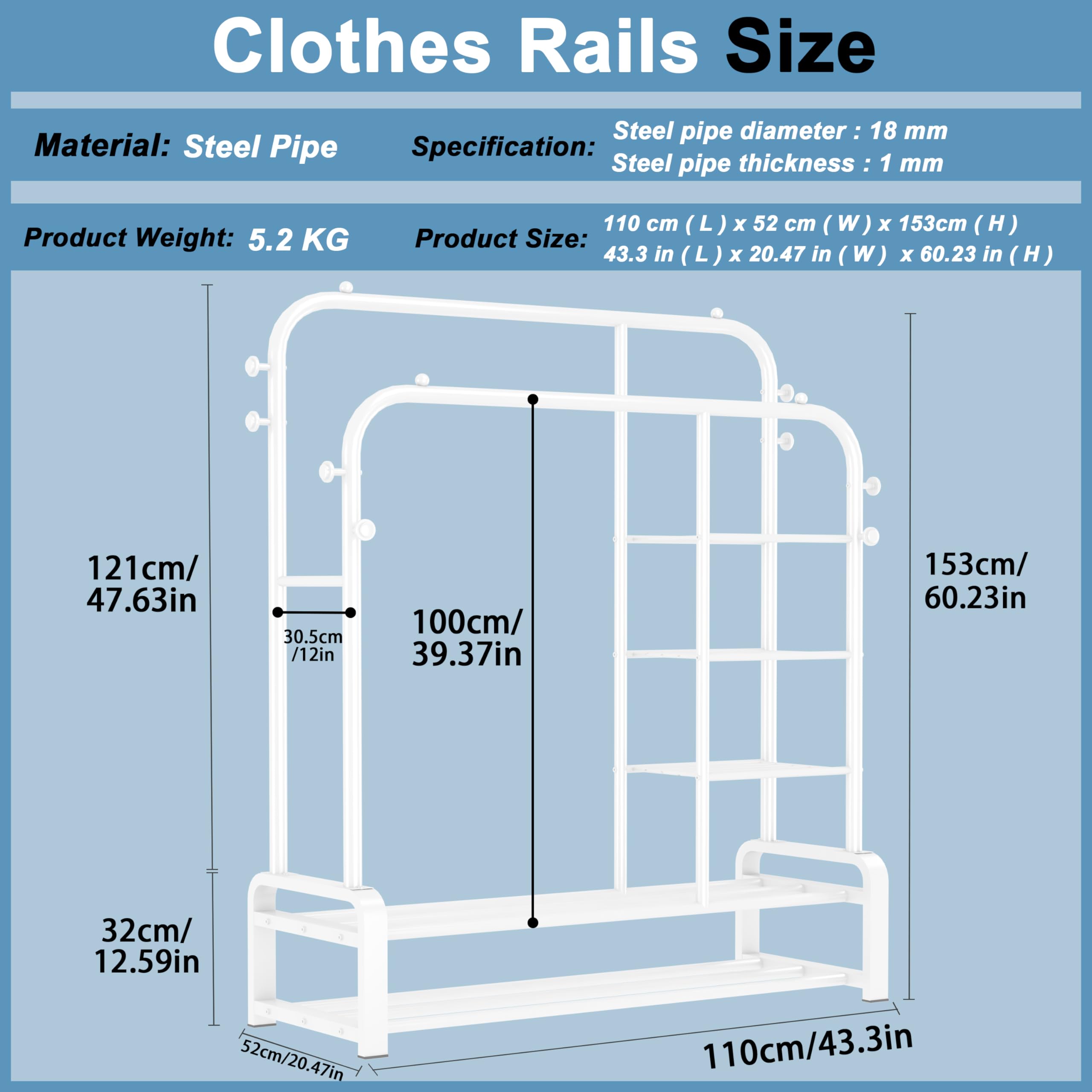 SMILOVII Heavy Duty Double Rail Clothes Rack – Metal Wardrobe with Shelves