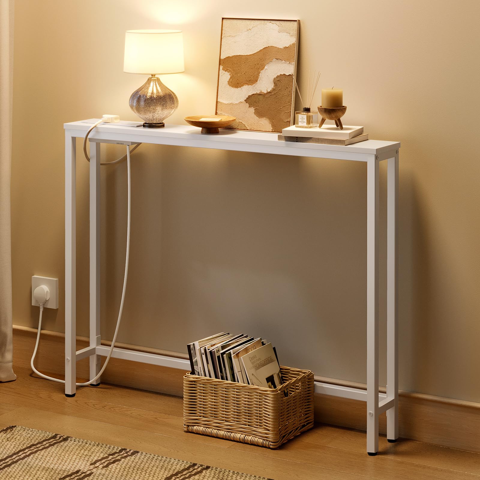 HOOBRO Slim Console Table with Charging Station | 100cm Narrow Sofa Table